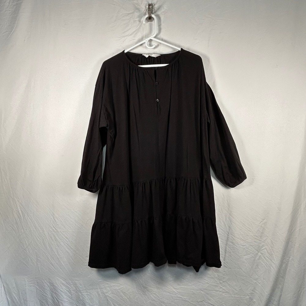People Tree Tiered Smock Dress Womens 12 Black Henley Jersey Long Sleeve Mini